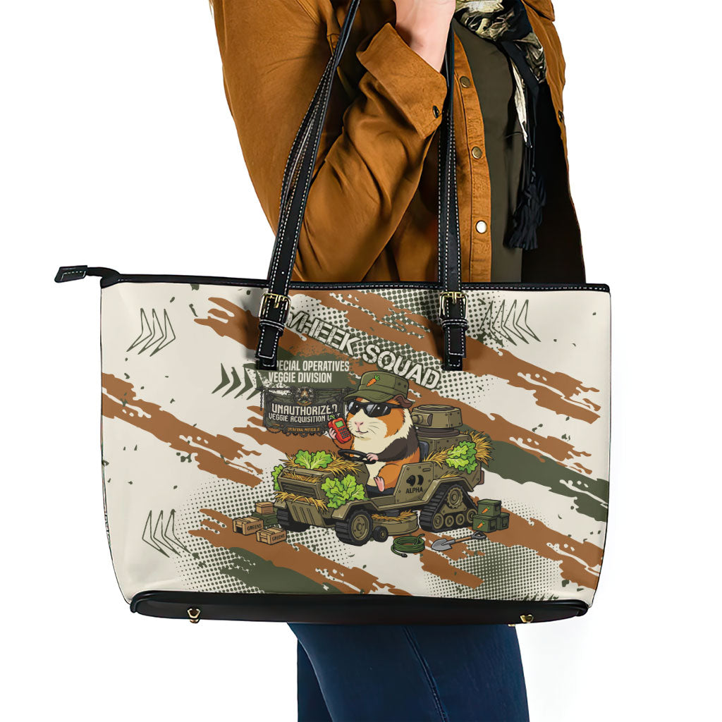 Wheek Squad Guinea Pig Leather Tote Bag Funny Military Tactical Camo Veggie Division Schematic
