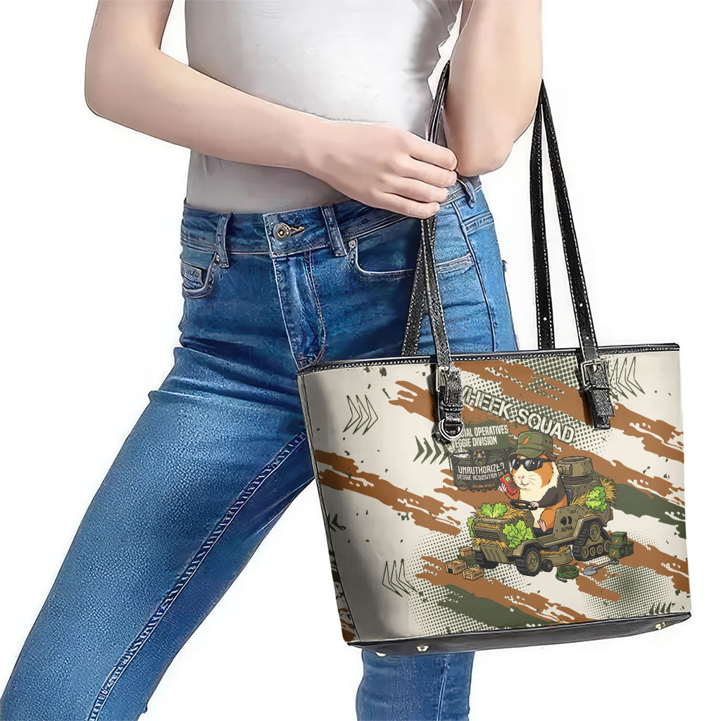 Wheek Squad Guinea Pig Leather Tote Bag Funny Military Tactical Camo Veggie Division Schematic