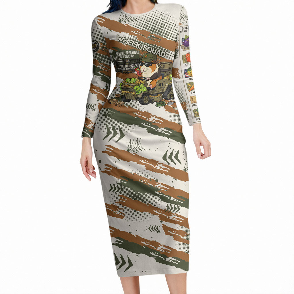 Wheek Squad Guinea Pig Long Sleeve Bodycon Dress Funny Military Tactical Camo Veggie Division Schematic