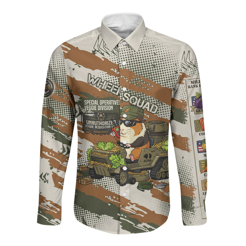 Wheek Squad Guinea Pig Long Sleeve Button Shirt Funny Military Tactical Camo Veggie Division Schematic