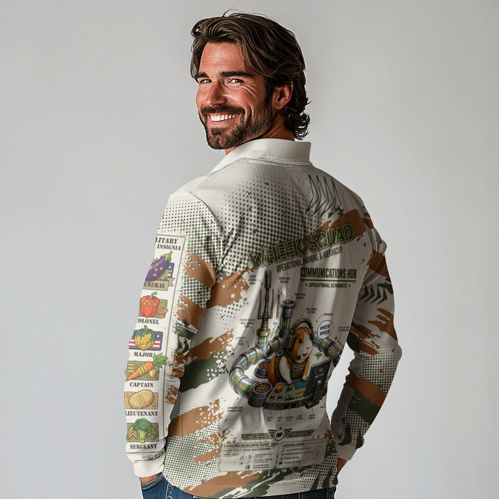 Wheek Squad Guinea Pig Long Sleeve Polo Shirt Funny Military Tactical Camo Veggie Division Schematic