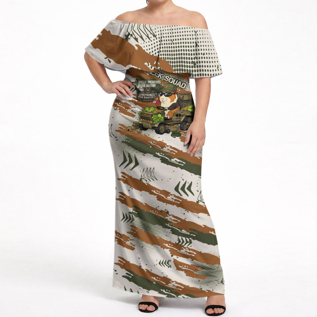 Wheek Squad Guinea Pig Off Shoulder Maxi Dress Funny Military Tactical Camo Veggie Division Schematic