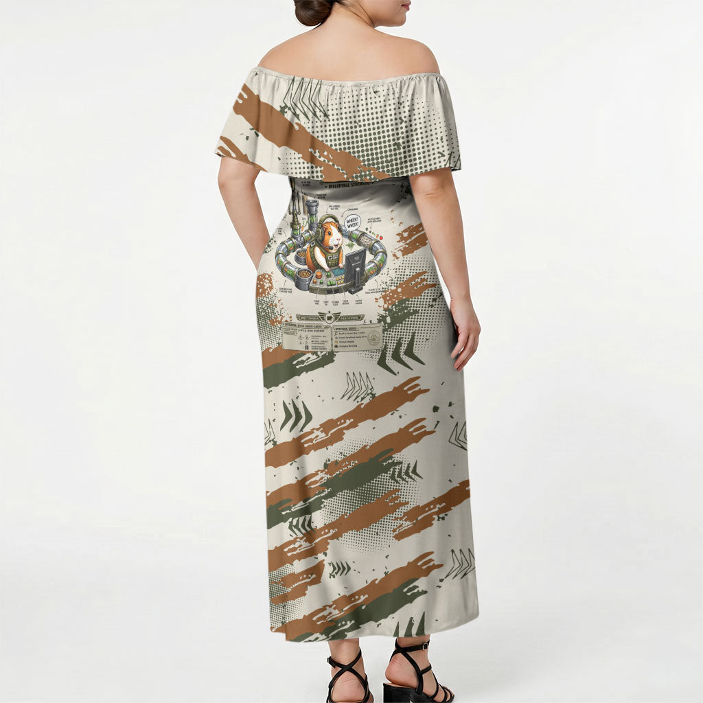 Wheek Squad Guinea Pig Off Shoulder Maxi Dress Funny Military Tactical Camo Veggie Division Schematic