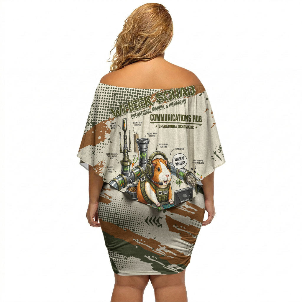 Wheek Squad Guinea Pig Off Shoulder Short Dress Funny Military Tactical Camo Veggie Division Schematic