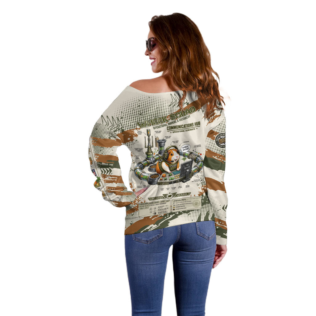Wheek Squad Guinea Pig Off Shoulder Sweater Funny Military Tactical Camo Veggie Division Schematic