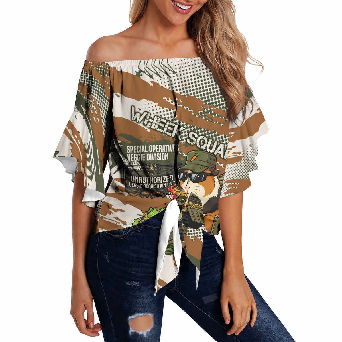 Wheek Squad Guinea Pig Off Shoulder Wrap Waist Top Funny Military Tactical Camo Veggie Division Schematic