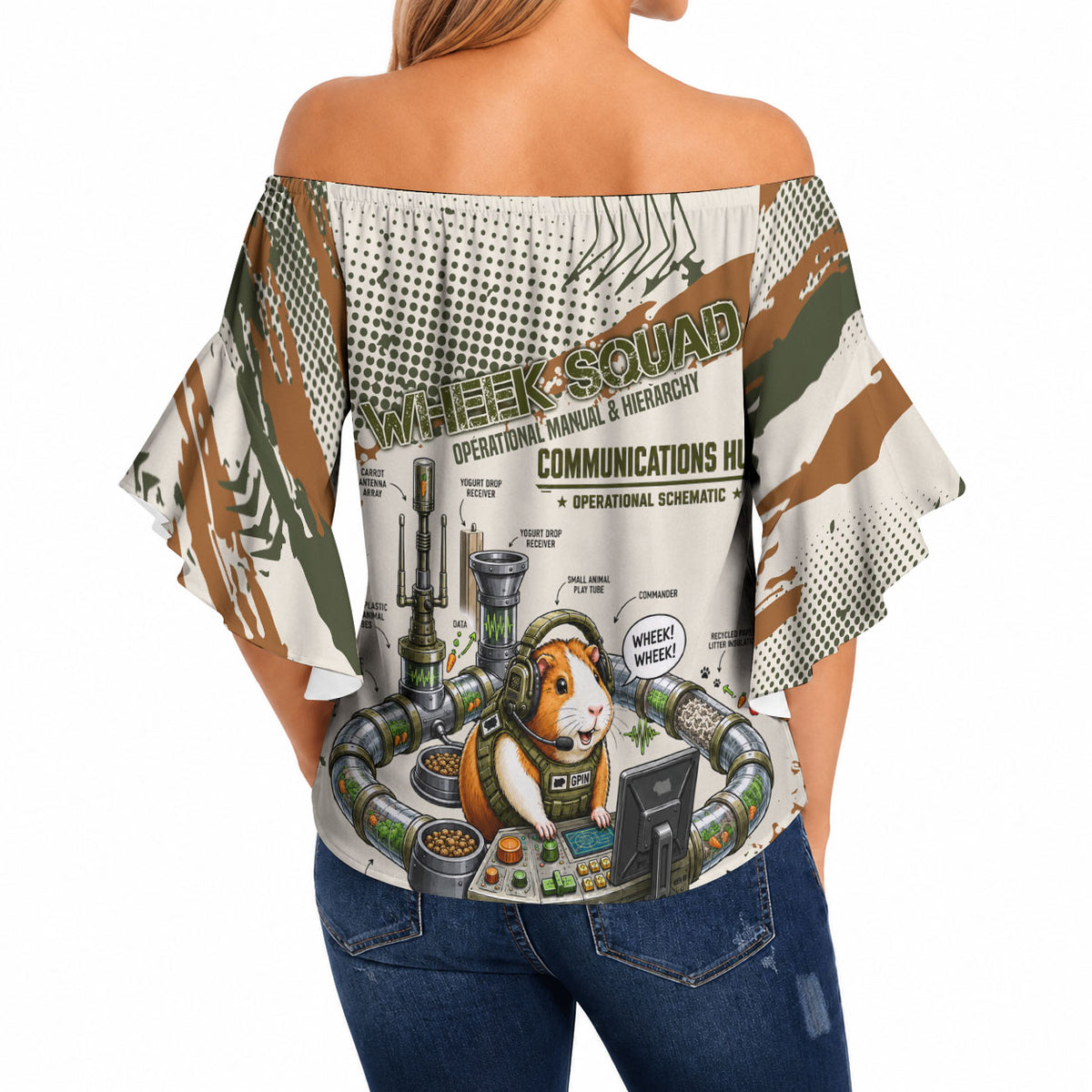 Wheek Squad Guinea Pig Off Shoulder Wrap Waist Top Funny Military Tactical Camo Veggie Division Schematic