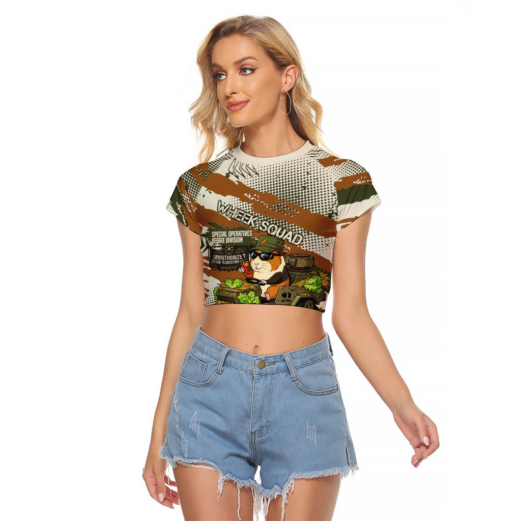 Wheek Squad Guinea Pig Raglan Cropped T Shirt Funny Military Tactical Camo Veggie Division Schematic