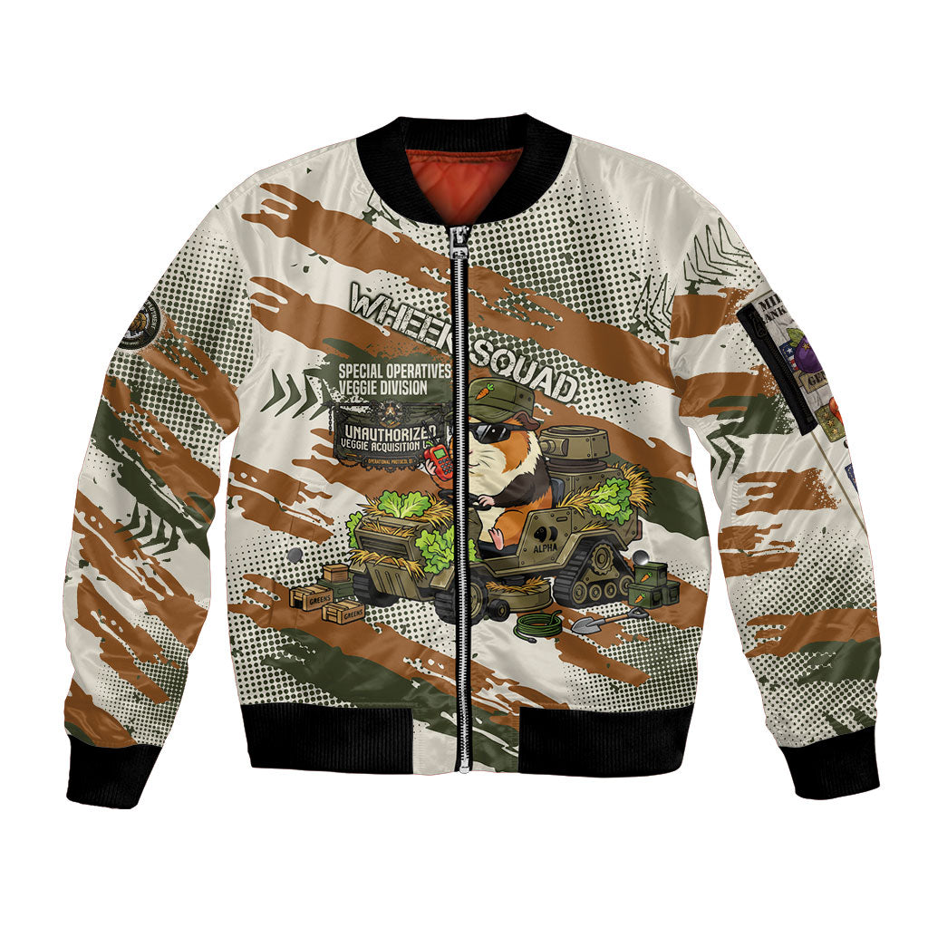 Wheek Squad Guinea Pig Sleeve Zip Bomber Jacket Funny Military Tactical Camo Veggie Division Schematic