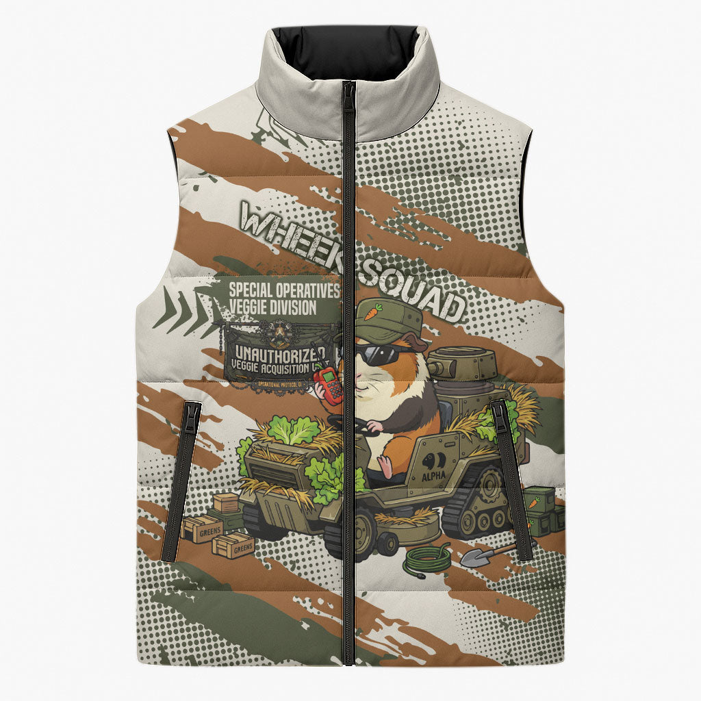 Wheek Squad Guinea Pig Sleeveless Puffer Jacket Funny Military Tactical Camo Veggie Division Schematic
