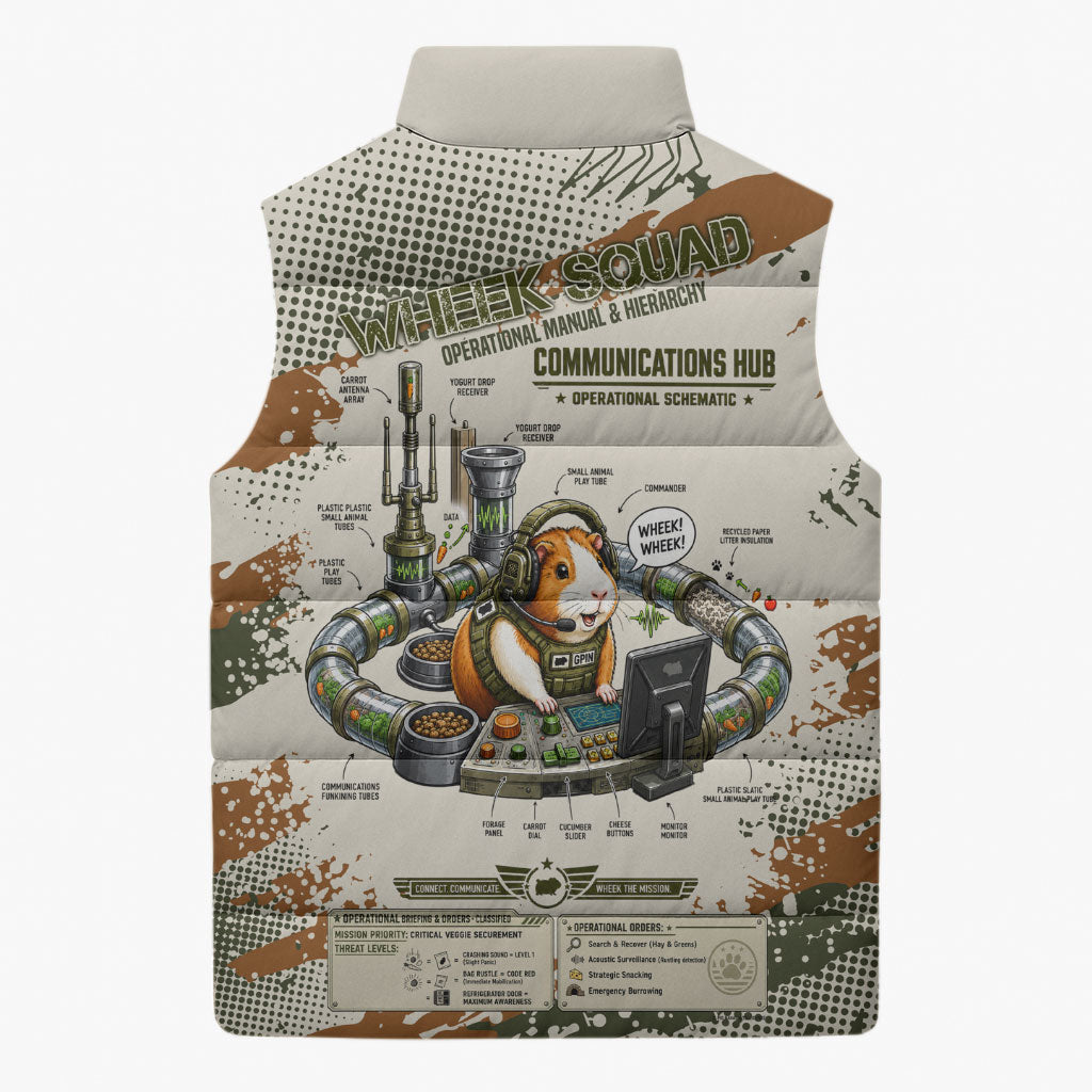 Wheek Squad Guinea Pig Sleeveless Puffer Jacket Funny Military Tactical Camo Veggie Division Schematic