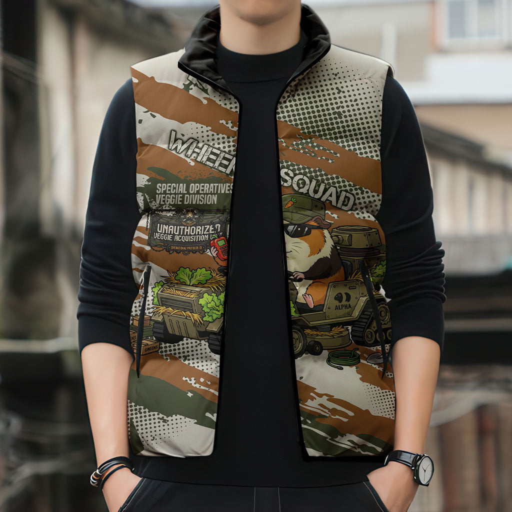 Wheek Squad Guinea Pig Sleeveless Puffer Jacket Funny Military Tactical Camo Veggie Division Schematic