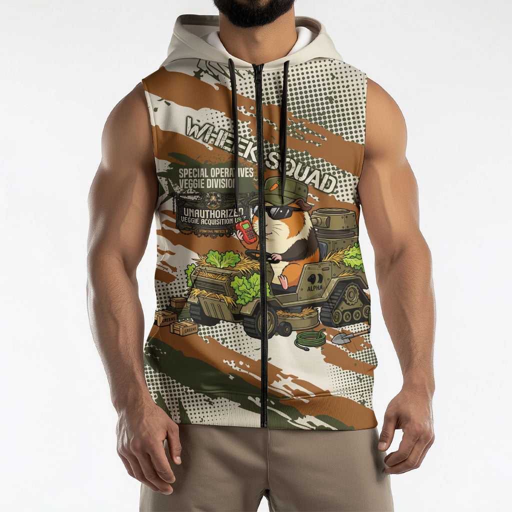 Wheek Squad Guinea Pig Sleeveless Zip Hoodie Funny Military Tactical Camo Veggie Division Schematic