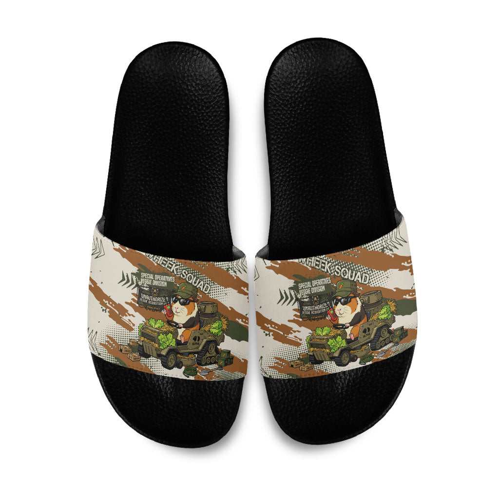 Wheek Squad Guinea Pig Slide Sandals Funny Military Tactical Camo Veggie Division Schematic