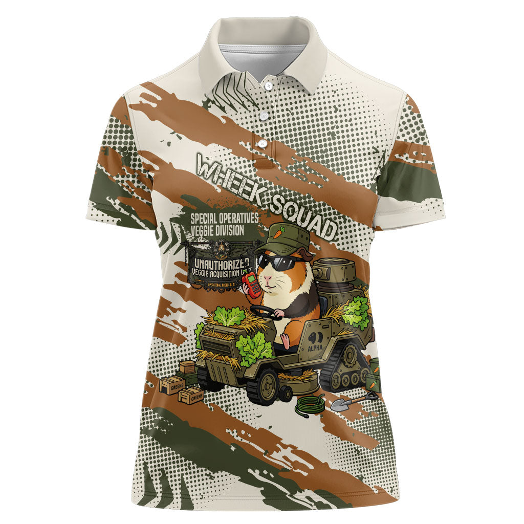Wheek Squad Guinea Pig Women Polo Shirt Funny Military Tactical Camo Veggie Division Schematic