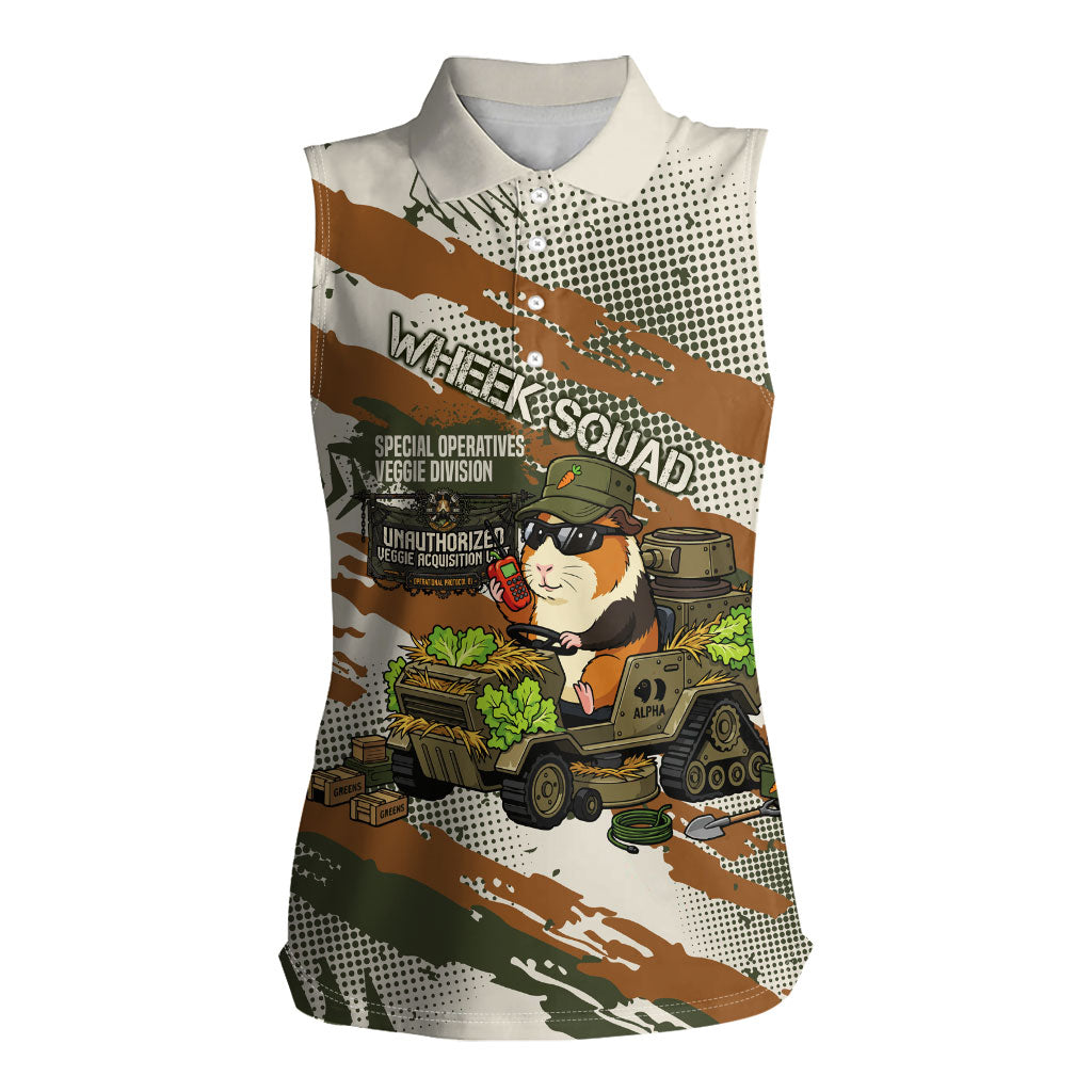 Wheek Squad Guinea Pig Women Sleeveless Polo Shirt Funny Military Tactical Camo Veggie Division Schematic
