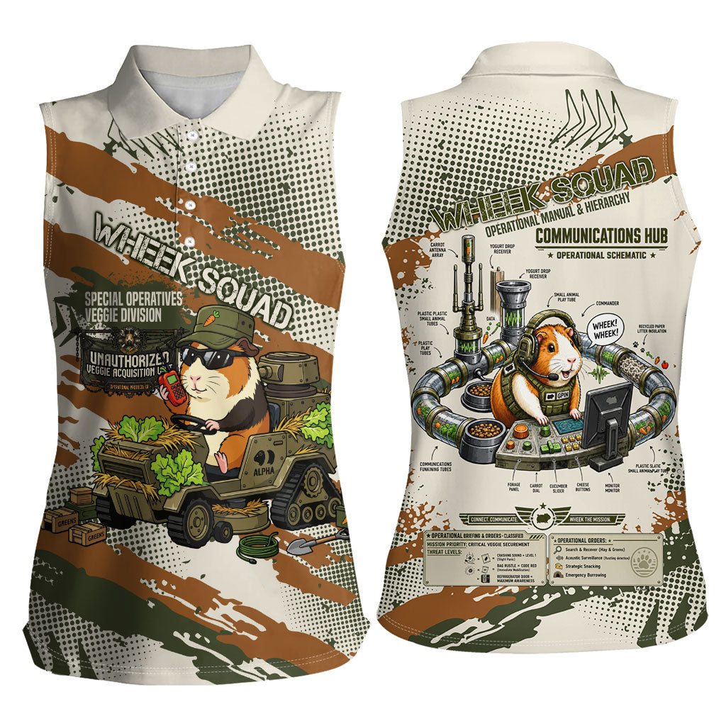 Wheek Squad Guinea Pig Women Sleeveless Polo Shirt Funny Military Tactical Camo Veggie Division Schematic