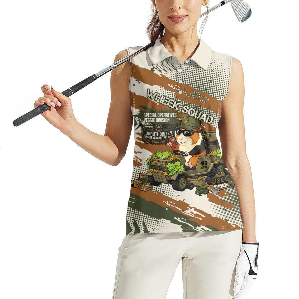 Wheek Squad Guinea Pig Women Sleeveless Polo Shirt Funny Military Tactical Camo Veggie Division Schematic