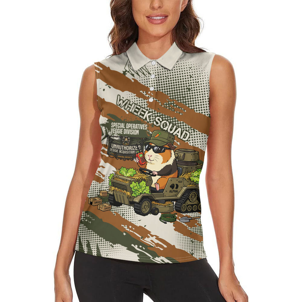 Wheek Squad Guinea Pig Women Sleeveless Polo Shirt Funny Military Tactical Camo Veggie Division Schematic