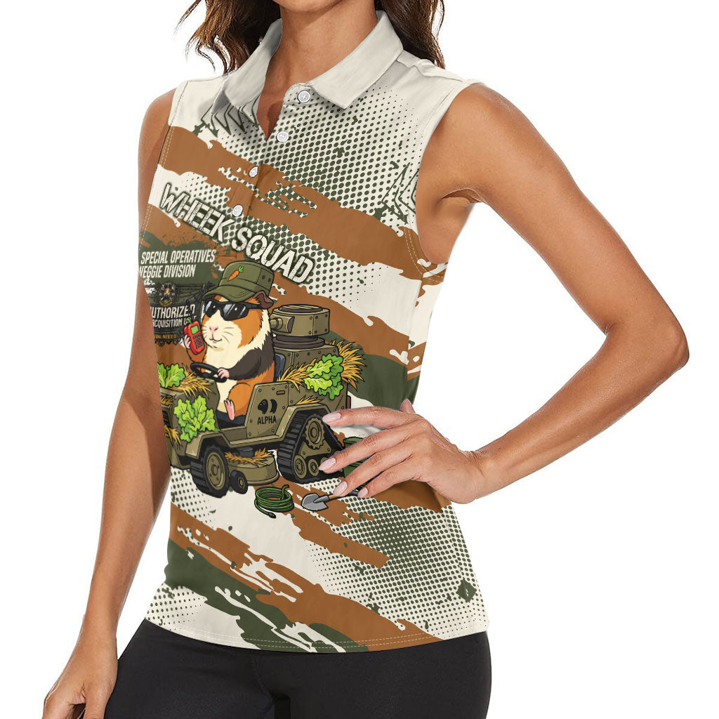 Wheek Squad Guinea Pig Women Sleeveless Polo Shirt Funny Military Tactical Camo Veggie Division Schematic