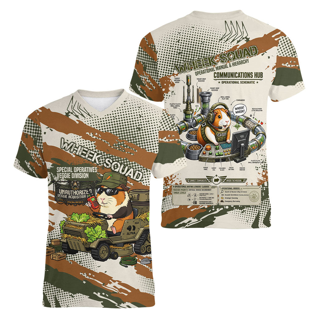 Wheek Squad Guinea Pig Women V-Neck T-Shirt Funny Military Tactical Camo Veggie Division Schematic