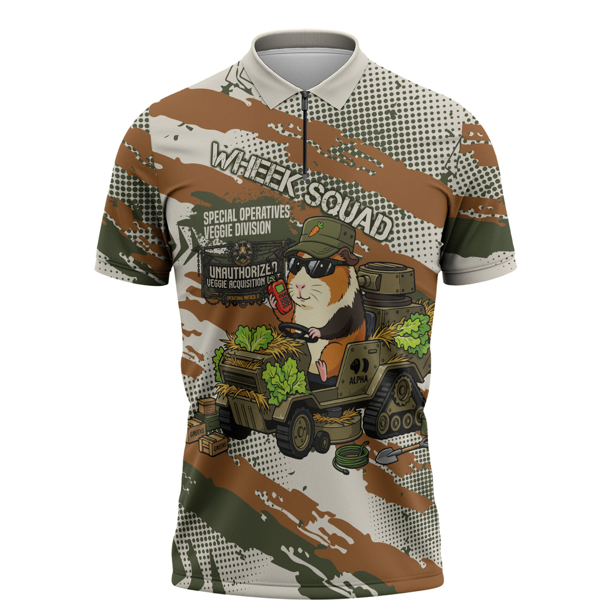 Wheek Squad Guinea Pig Zipper Polo Shirt Funny Military Tactical Camo Veggie Division Schematic