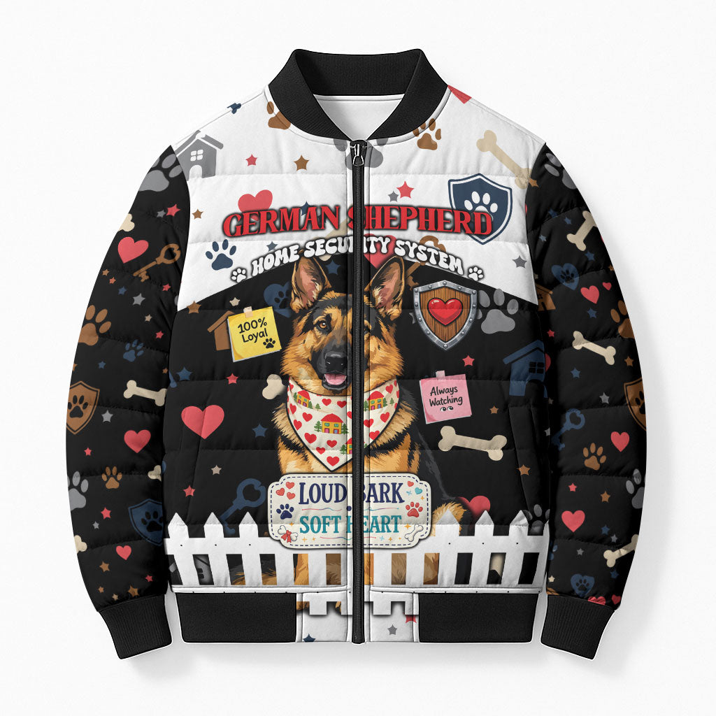 German Shepherd Home Security With A Heart Bomber Puffer Jacket Officer Loyal Guard Dog Best Friend Mascot