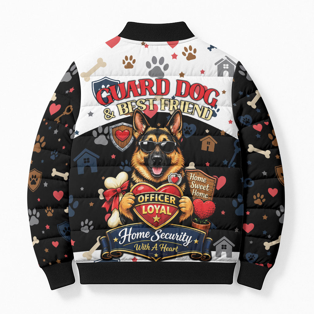 German Shepherd Home Security With A Heart Bomber Puffer Jacket Officer Loyal Guard Dog Best Friend Mascot