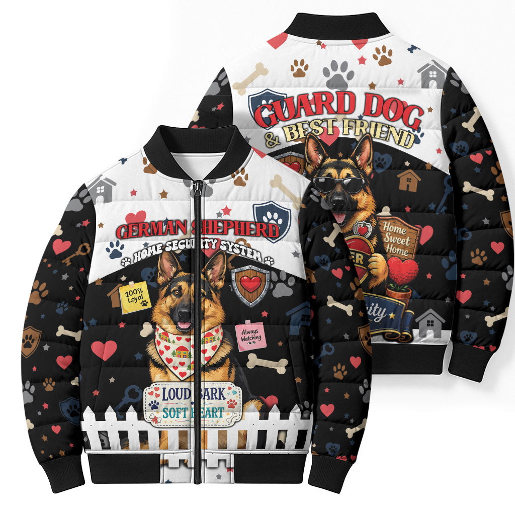 German Shepherd Home Security With A Heart Bomber Puffer Jacket Officer Loyal Guard Dog Best Friend Mascot
