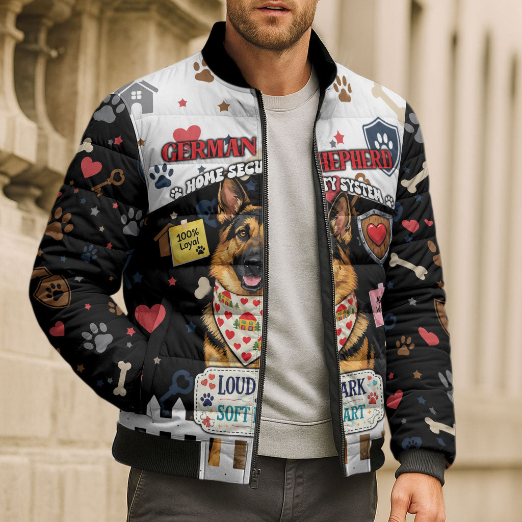 German Shepherd Home Security With A Heart Bomber Puffer Jacket Officer Loyal Guard Dog Best Friend Mascot