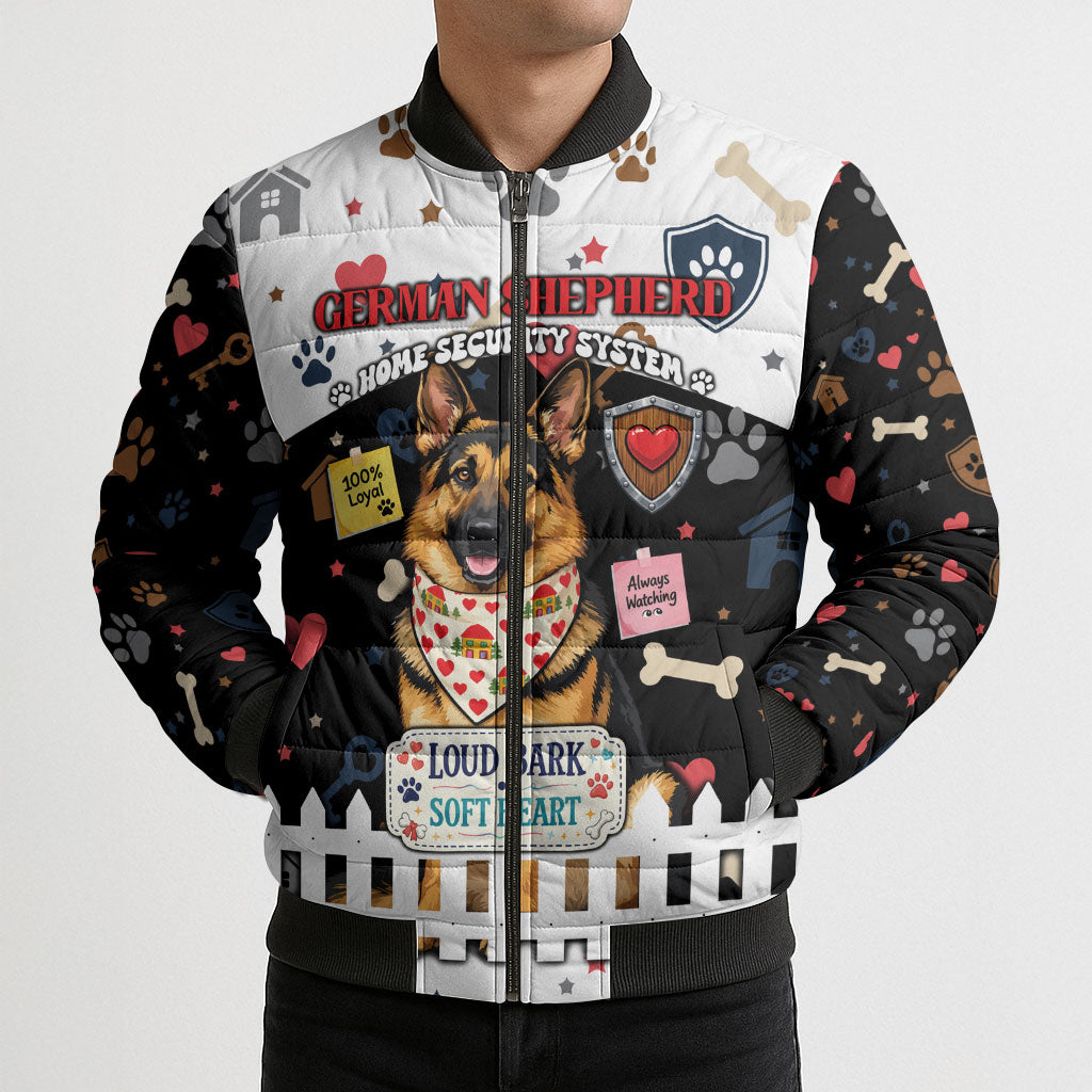 German Shepherd Home Security With A Heart Bomber Puffer Jacket Officer Loyal Guard Dog Best Friend Mascot