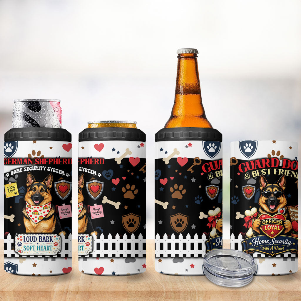 German Shepherd Home Security With A Heart 4 in 1 Can Cooler Tumbler Officer Loyal Guard Dog Best Friend Mascot
