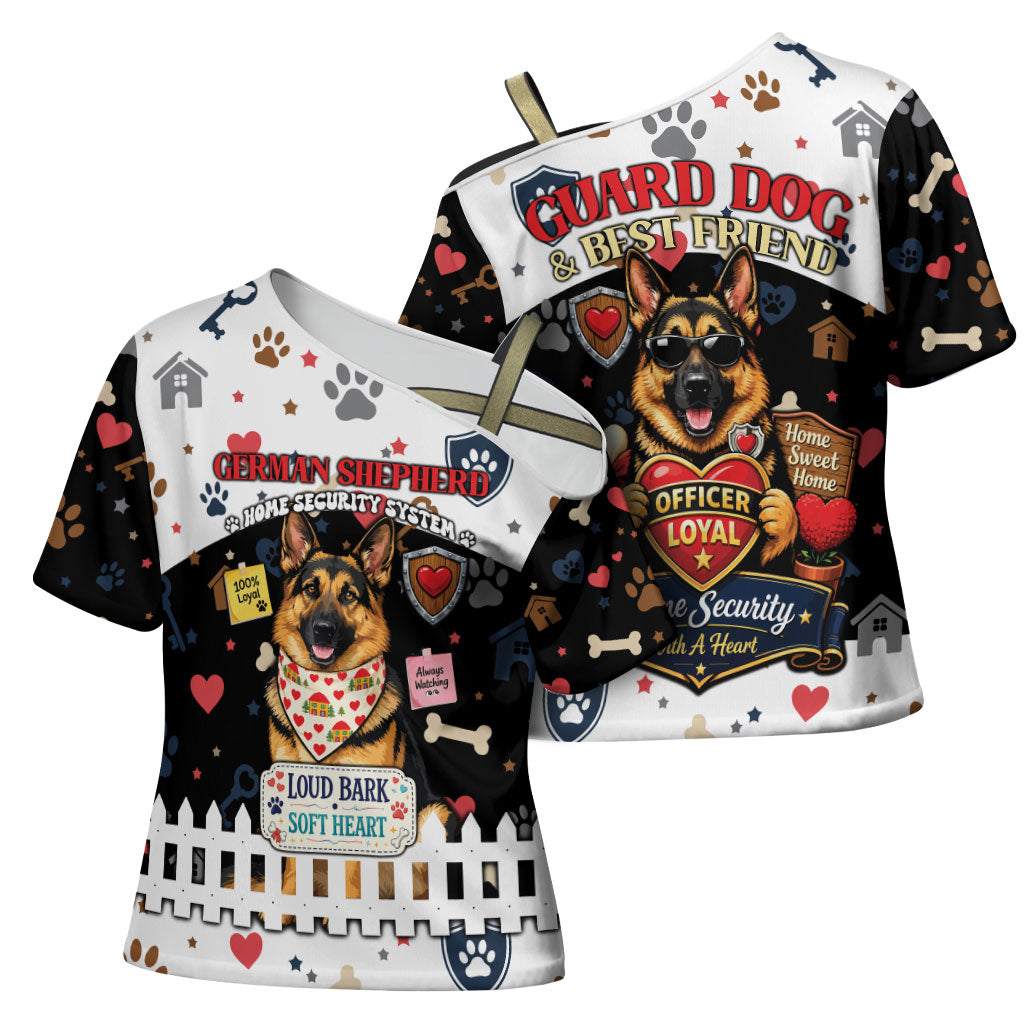 German Shepherd Home Security With A Heart Cross Shoulder Shirt Officer Loyal Guard Dog Best Friend Mascot