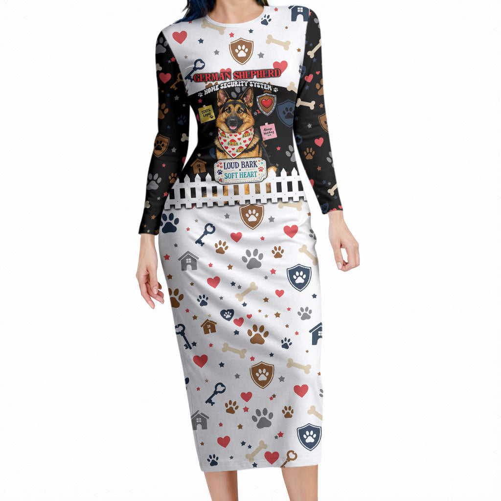 German Shepherd Home Security With A Heart Long Sleeve Bodycon Dress Officer Loyal Guard Dog Best Friend Mascot