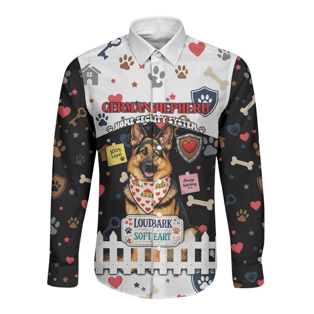 German Shepherd Home Security With A Heart Long Sleeve Button Shirt Officer Loyal Guard Dog Best Friend Mascot