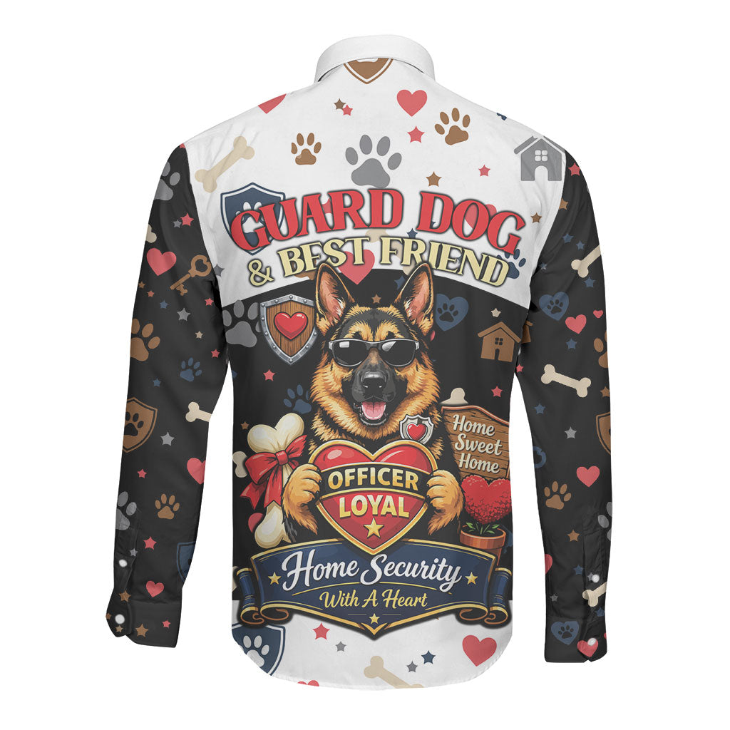 German Shepherd Home Security With A Heart Long Sleeve Button Shirt Officer Loyal Guard Dog Best Friend Mascot