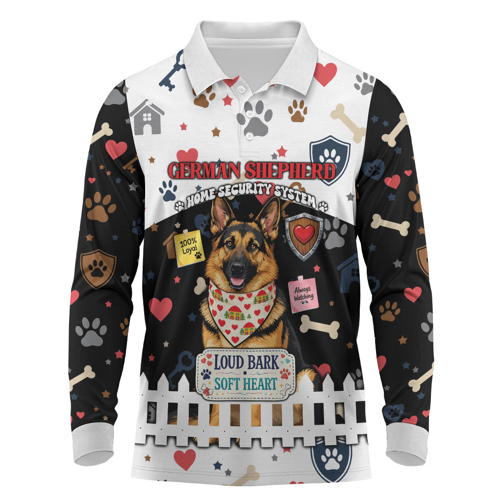 German Shepherd Home Security With A Heart Long Sleeve Polo Shirt Officer Loyal Guard Dog Best Friend Mascot
