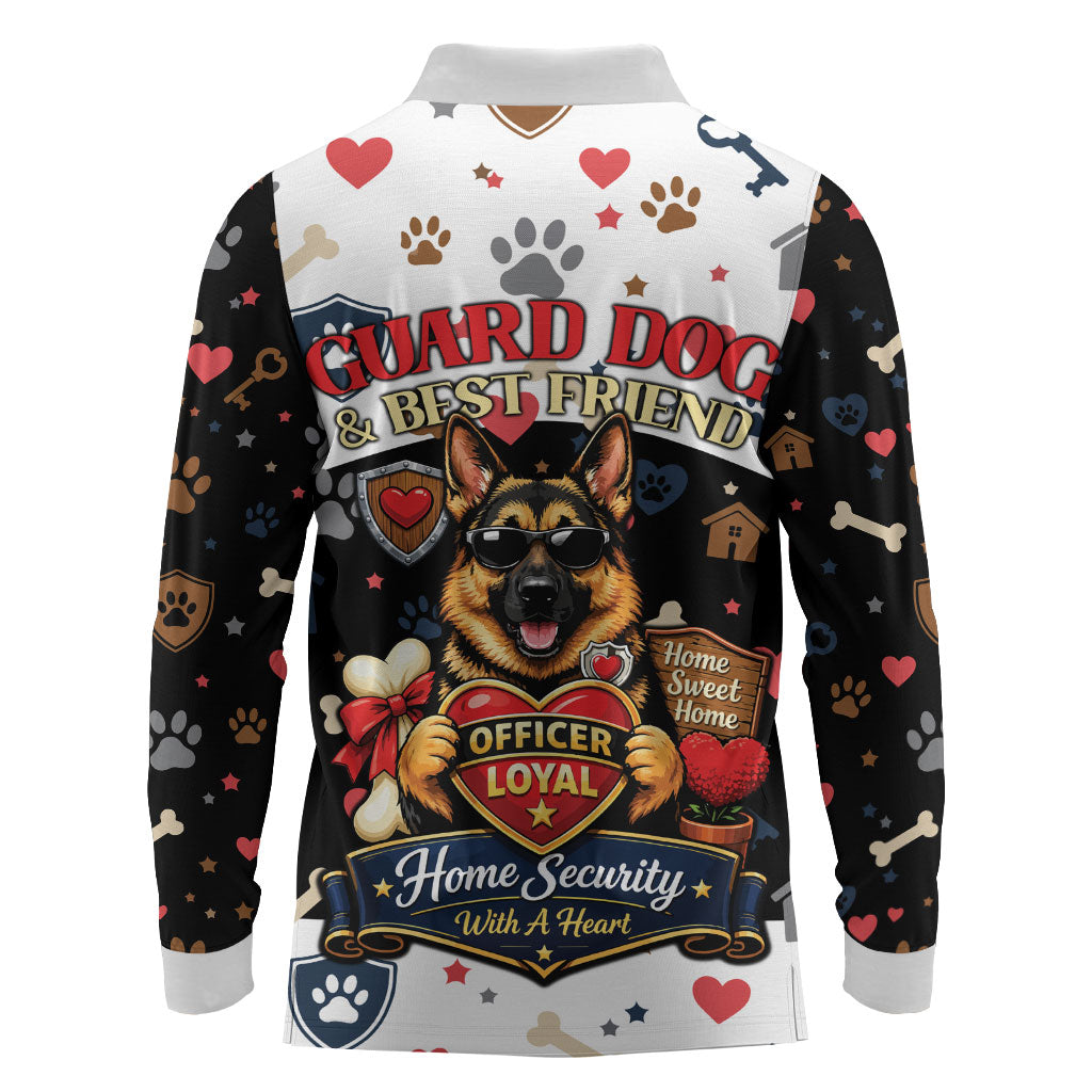 German Shepherd Home Security With A Heart Long Sleeve Polo Shirt Officer Loyal Guard Dog Best Friend Mascot
