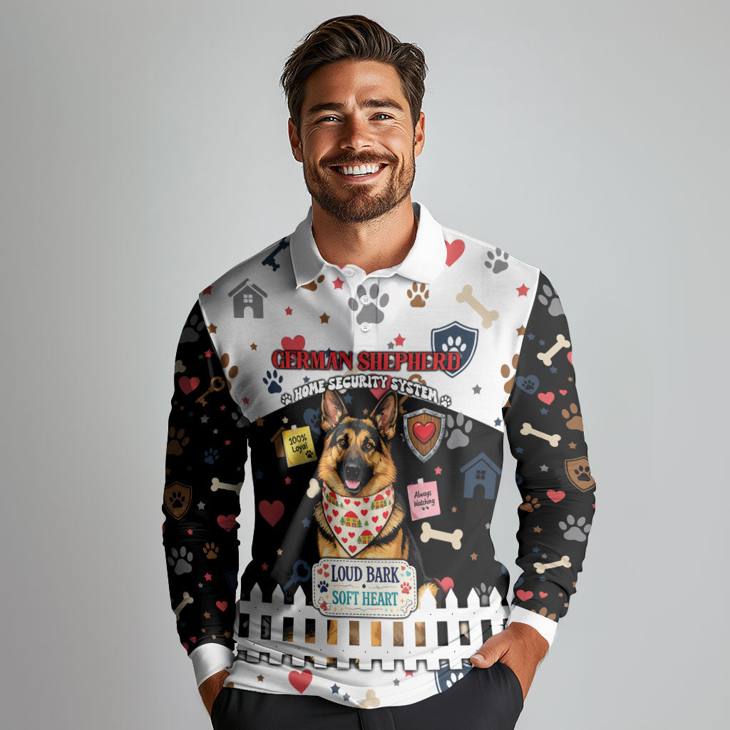 German Shepherd Home Security With A Heart Long Sleeve Polo Shirt Officer Loyal Guard Dog Best Friend Mascot
