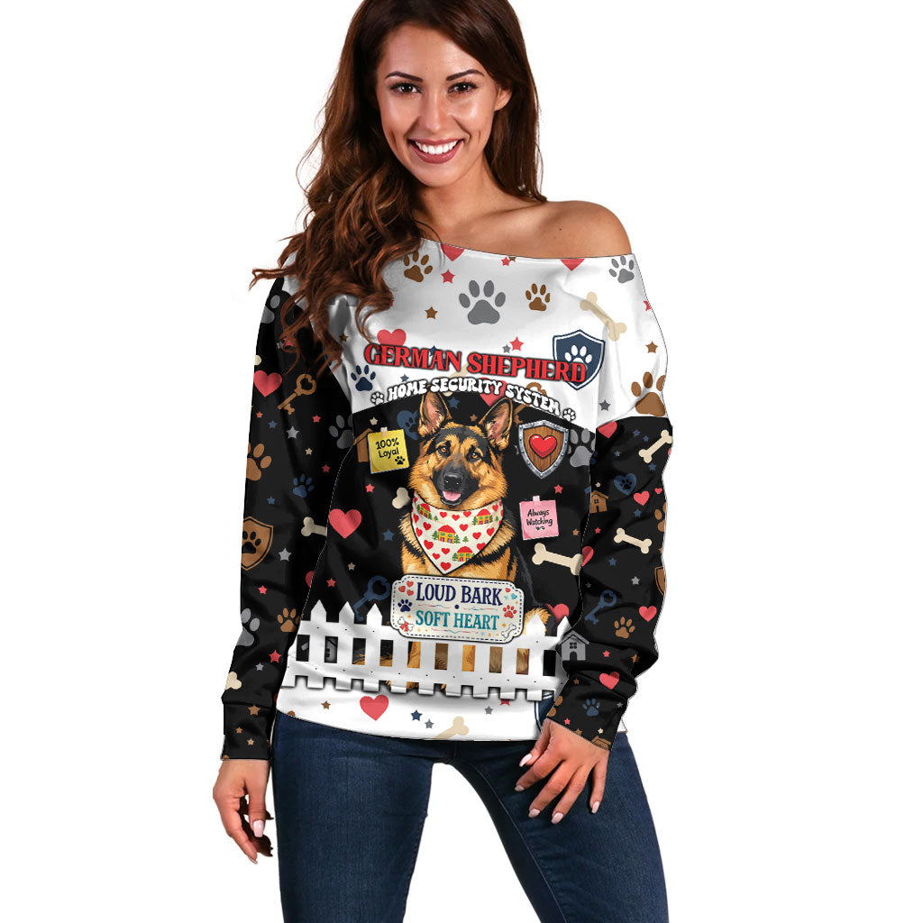 German Shepherd Home Security With A Heart Off Shoulder Sweater Officer Loyal Guard Dog Best Friend Mascot