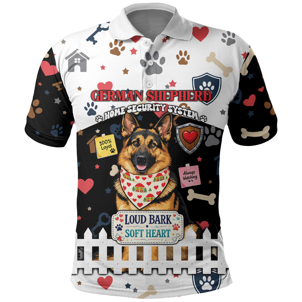 German Shepherd Home Security With A Heart Polo Shirt Officer Loyal Guard Dog Best Friend Mascot