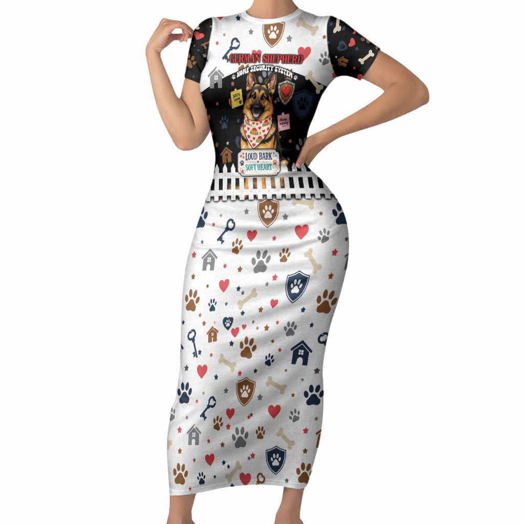 German Shepherd Home Security With A Heart Short Sleeve Bodycon Dress Officer Loyal Guard Dog Best Friend Mascot