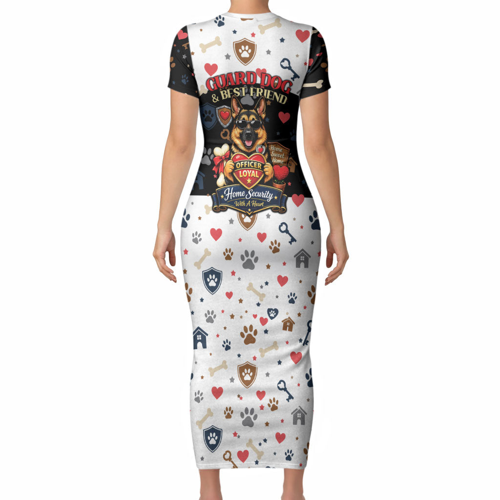 German Shepherd Home Security With A Heart Short Sleeve Bodycon Dress Officer Loyal Guard Dog Best Friend Mascot