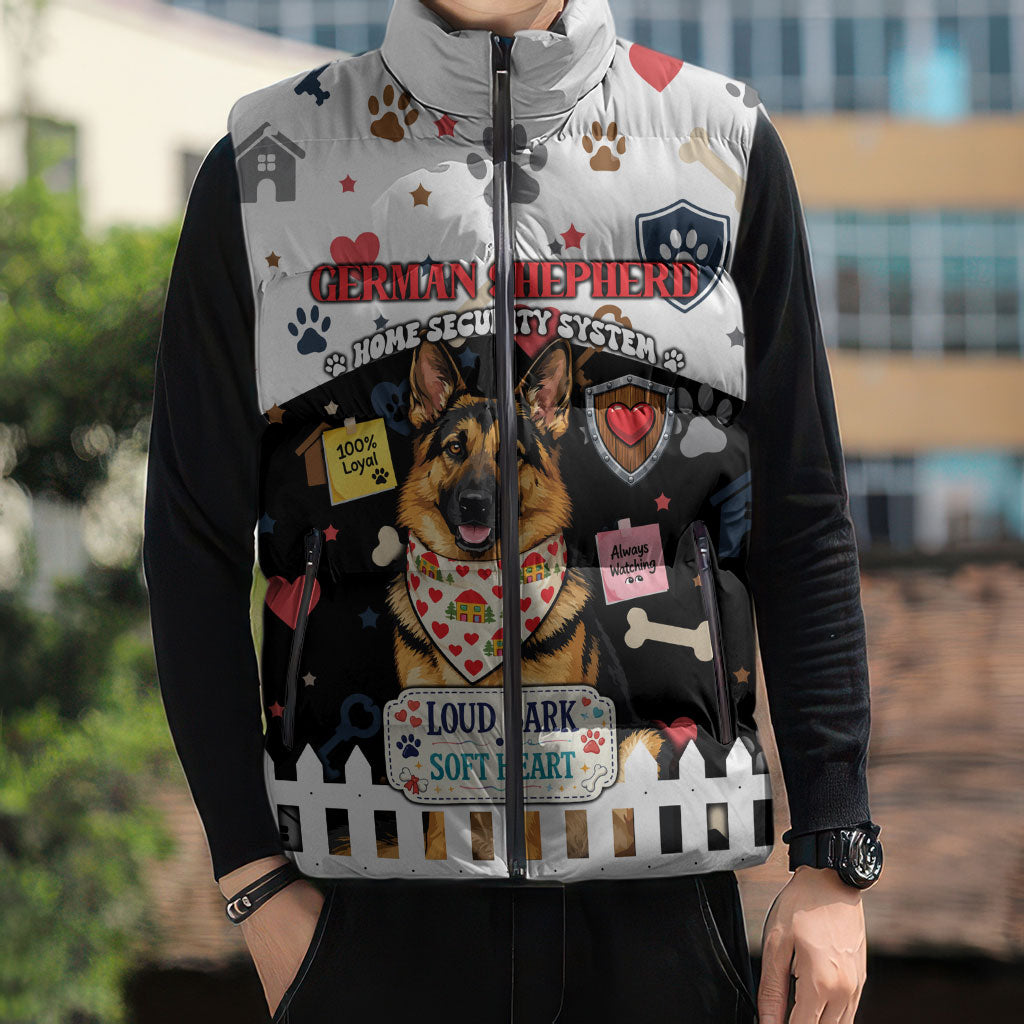 German Shepherd Home Security With A Heart Sleeveless Puffer Jacket Officer Loyal Guard Dog Best Friend Mascot