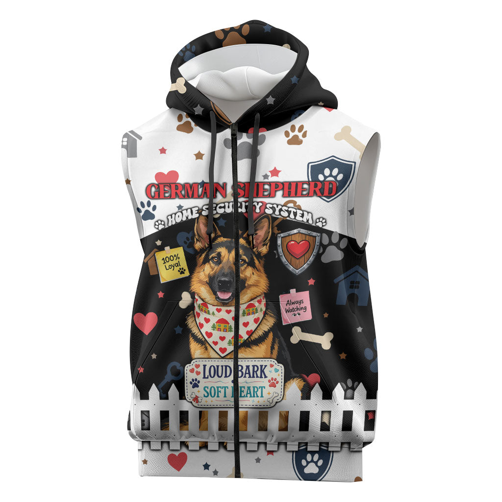 German Shepherd Home Security With A Heart Sleeveless Zip Hoodie Officer Loyal Guard Dog Best Friend Mascot