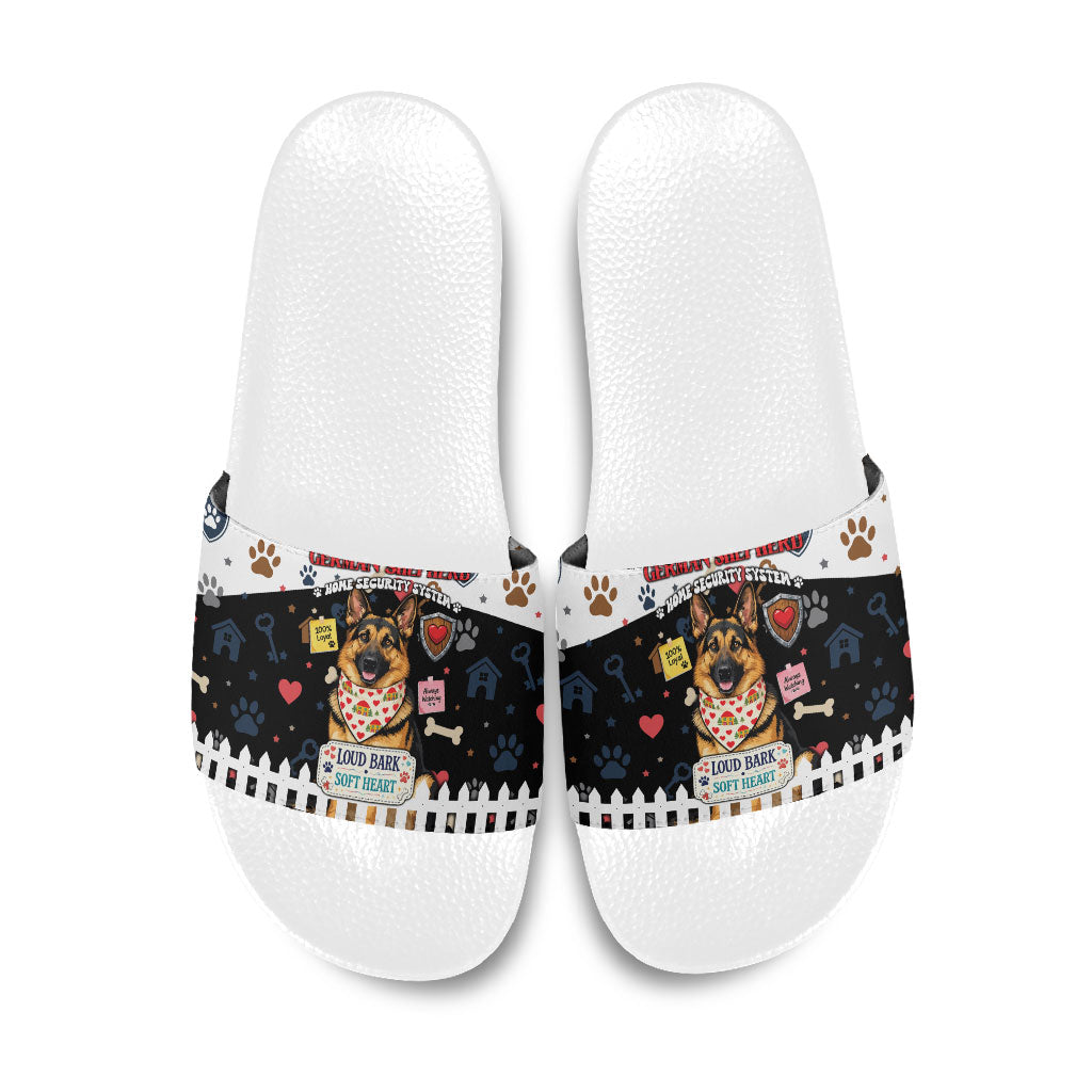 German Shepherd Home Security With A Heart Slide Sandals Officer Loyal Guard Dog Best Friend Mascot