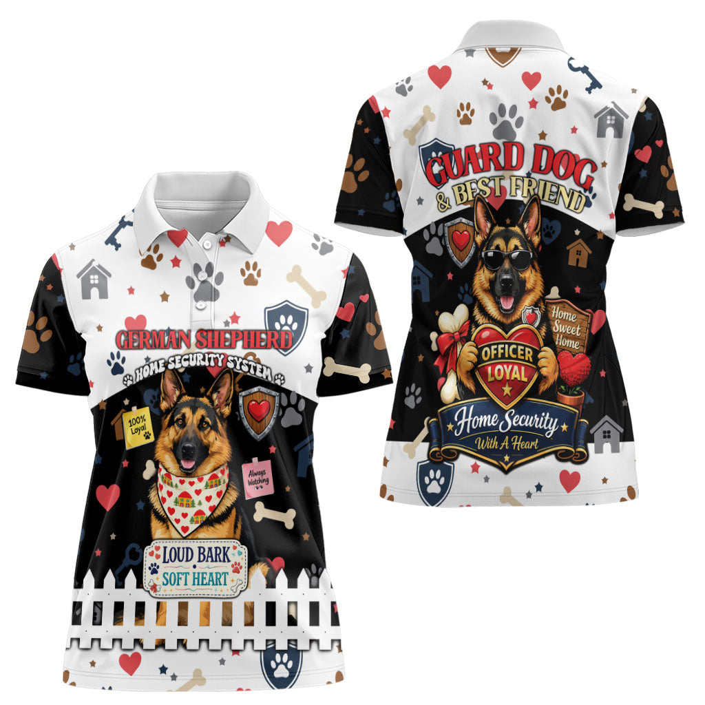 German Shepherd Home Security With A Heart Women Polo Shirt Officer Loyal Guard Dog Best Friend Mascot