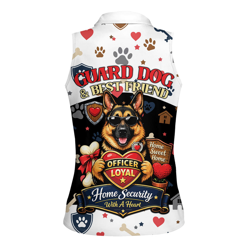 German Shepherd Home Security With A Heart Women Sleeveless Polo Shirt Officer Loyal Guard Dog Best Friend Mascot