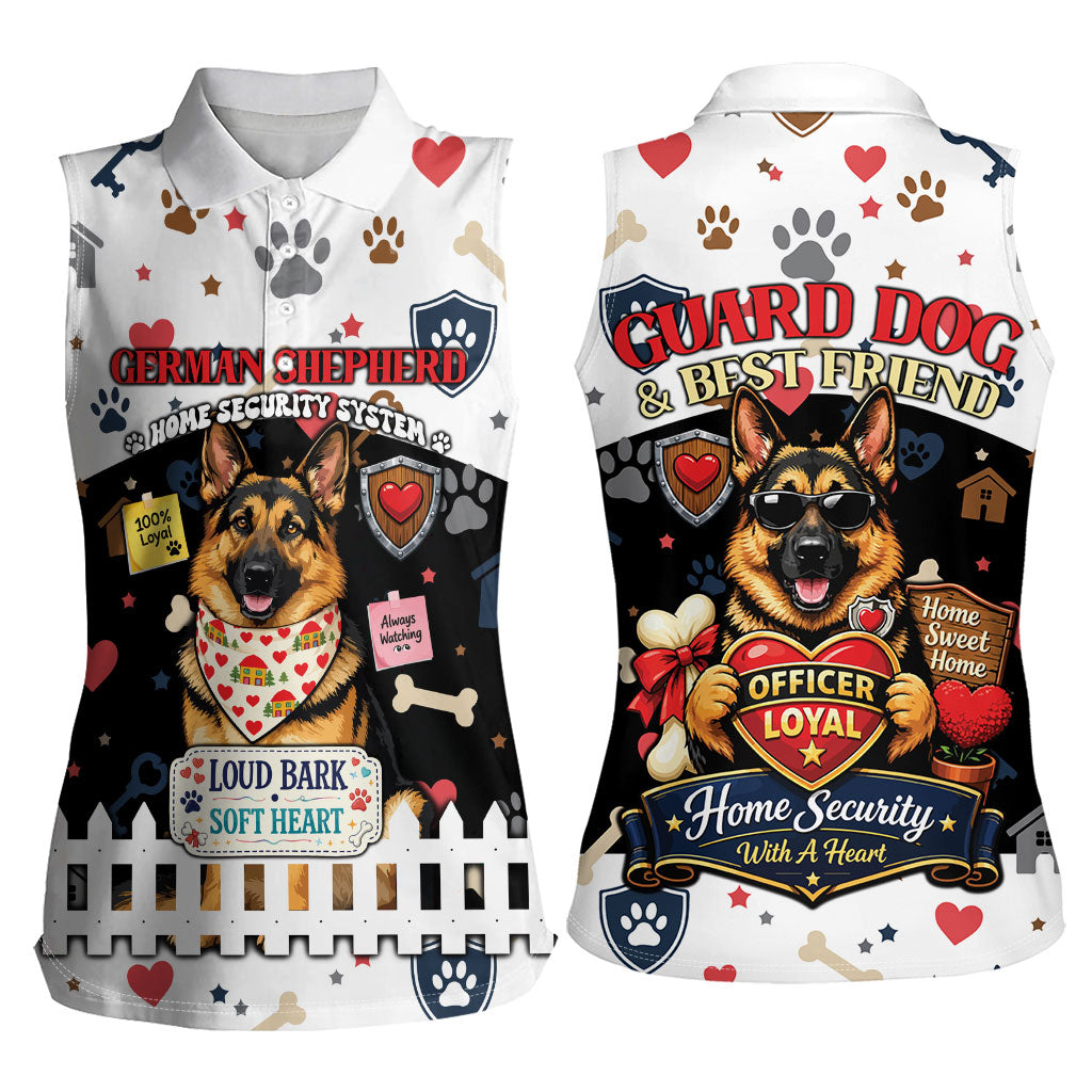 German Shepherd Home Security With A Heart Women Sleeveless Polo Shirt Officer Loyal Guard Dog Best Friend Mascot