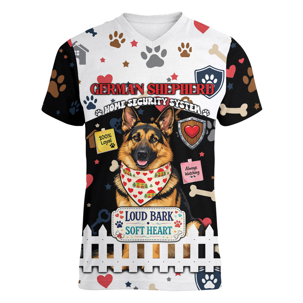 German Shepherd Home Security With A Heart Women V-Neck T-Shirt Officer Loyal Guard Dog Best Friend Mascot